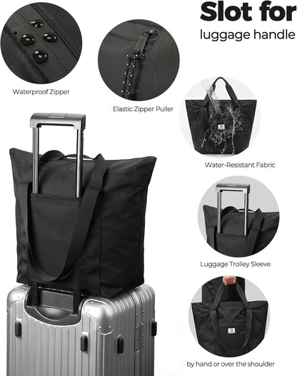 Foldable Travel Bag, 26L Duffle Bag for Travel, Expandable Second Carry-On Bag for Travel & Shopping, Water-Resistant Personal Item Bag, Black