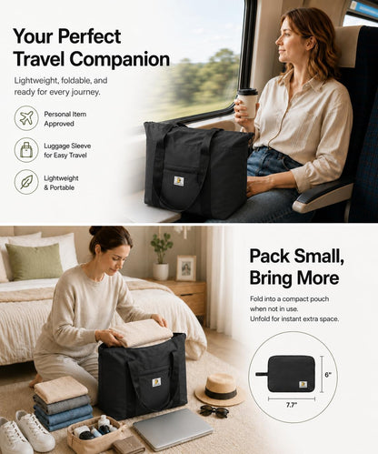 Foldable Travel Bag, 26L Duffle Bag for Travel, Expandable Second Carry-On Bag for Travel & Shopping, Water-Resistant Personal Item Bag, Black