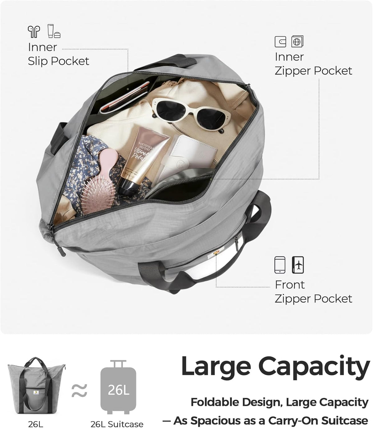 Foldable Travel Bag, 26L Duffle Bag for Travel, Expandable Second Carry-On Bag for Travel & Shopping, Water-Resistant Personal Item Bag, Black