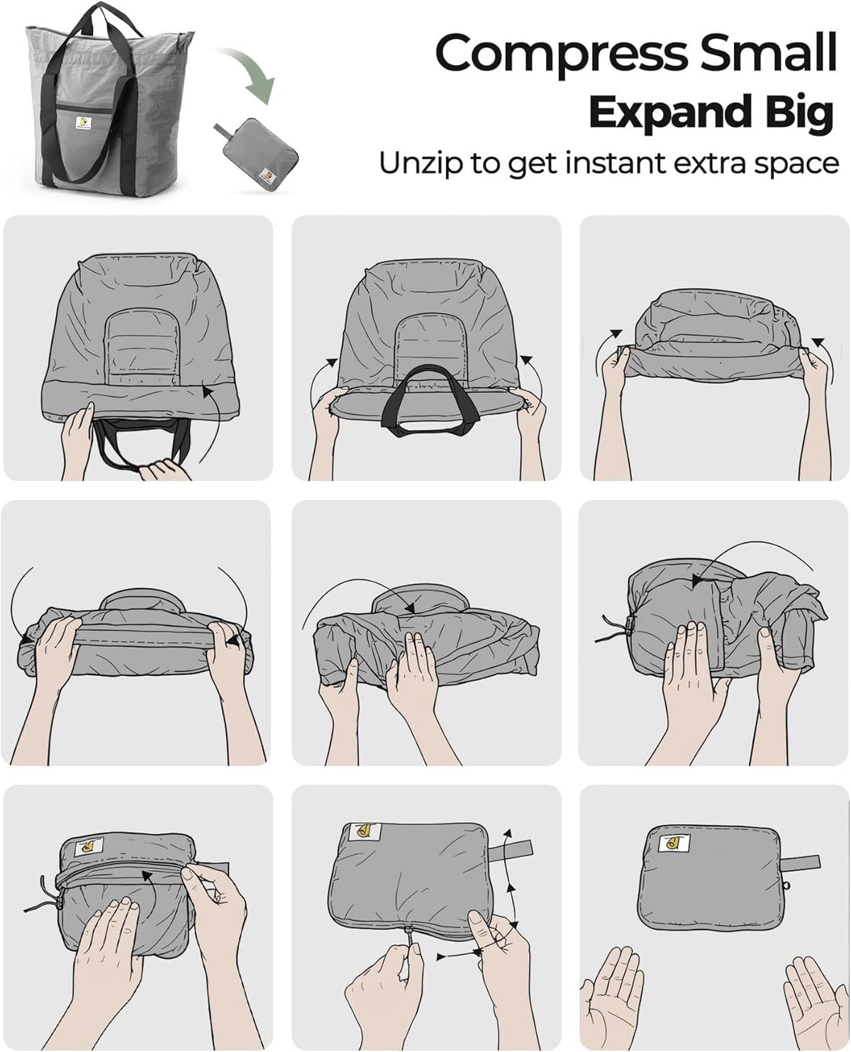 Foldable Travel Bag, 26L Duffle Bag for Travel, Expandable Second Carry-On Bag for Travel & Shopping, Water-Resistant Personal Item Bag, Black