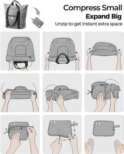 Foldable Travel Bag, 26L Duffle Bag for Travel, Expandable Second Carry-On Bag for Travel & Shopping, Water-Resistant Personal Item Bag, Black