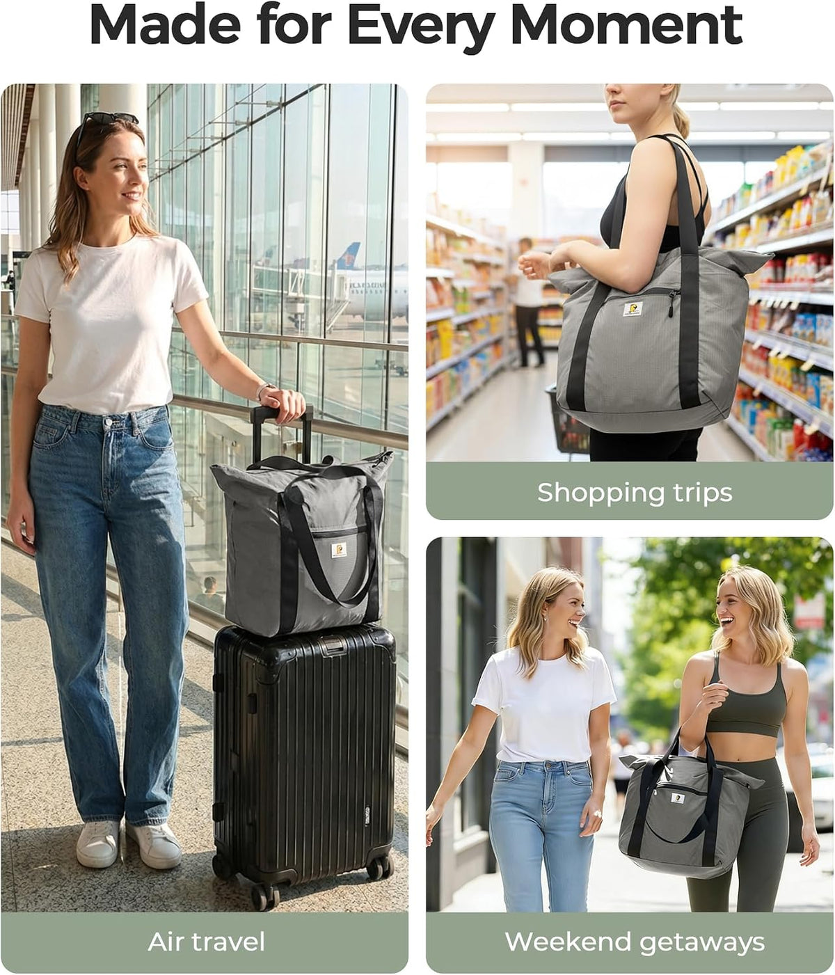 Foldable Travel Bag, 26L Duffle Bag for Travel, Expandable Second Carry-On Bag for Travel & Shopping, Water-Resistant Personal Item Bag, Black
