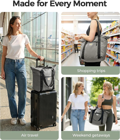 Foldable Travel Bag, 26L Duffle Bag for Travel, Expandable Second Carry-On Bag for Travel & Shopping, Water-Resistant Personal Item Bag, Black