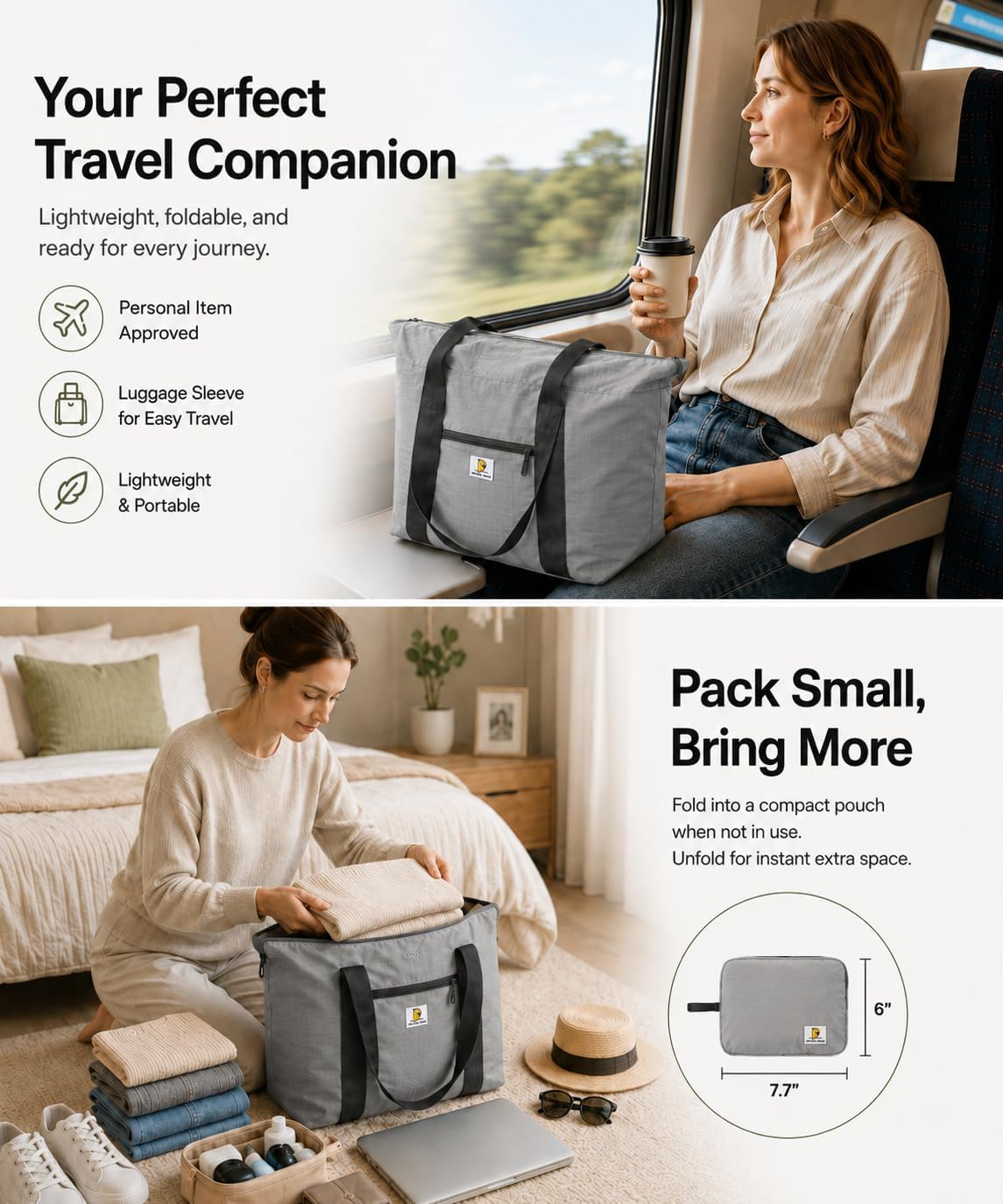 Foldable Travel Bag, 26L Duffle Bag for Travel, Expandable Second Carry-On Bag for Travel & Shopping, Water-Resistant Personal Item Bag, Black