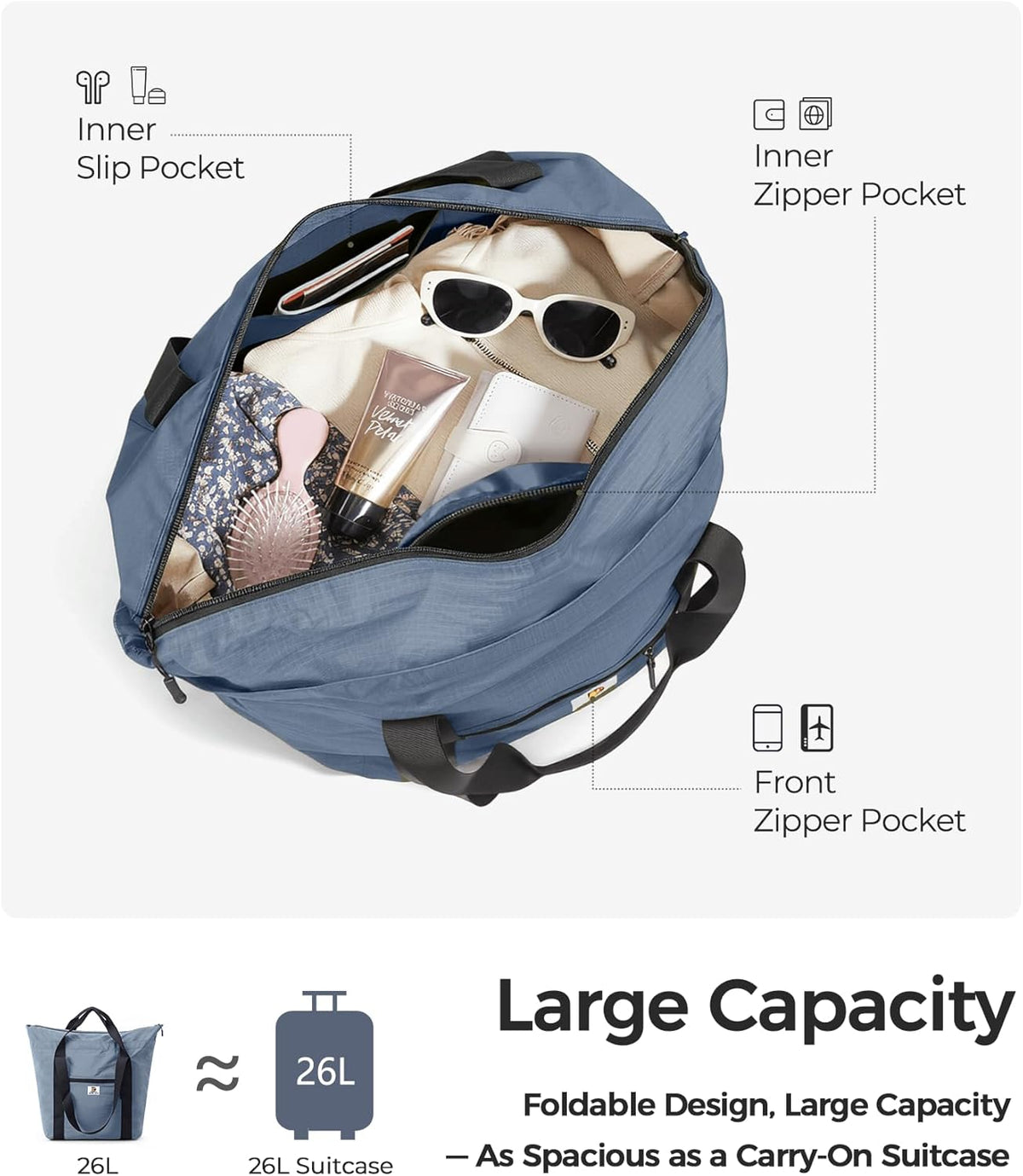 Foldable Travel Bag, 26L Duffle Bag for Travel, Expandable Second Carry-On Bag for Travel & Shopping, Water-Resistant Personal Item Bag, Black