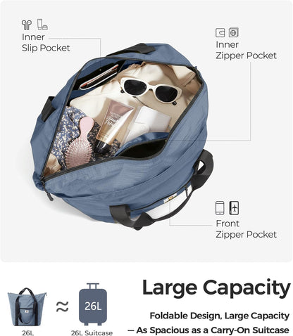 Foldable Travel Bag, 26L Duffle Bag for Travel, Expandable Second Carry-On Bag for Travel & Shopping, Water-Resistant Personal Item Bag, Black
