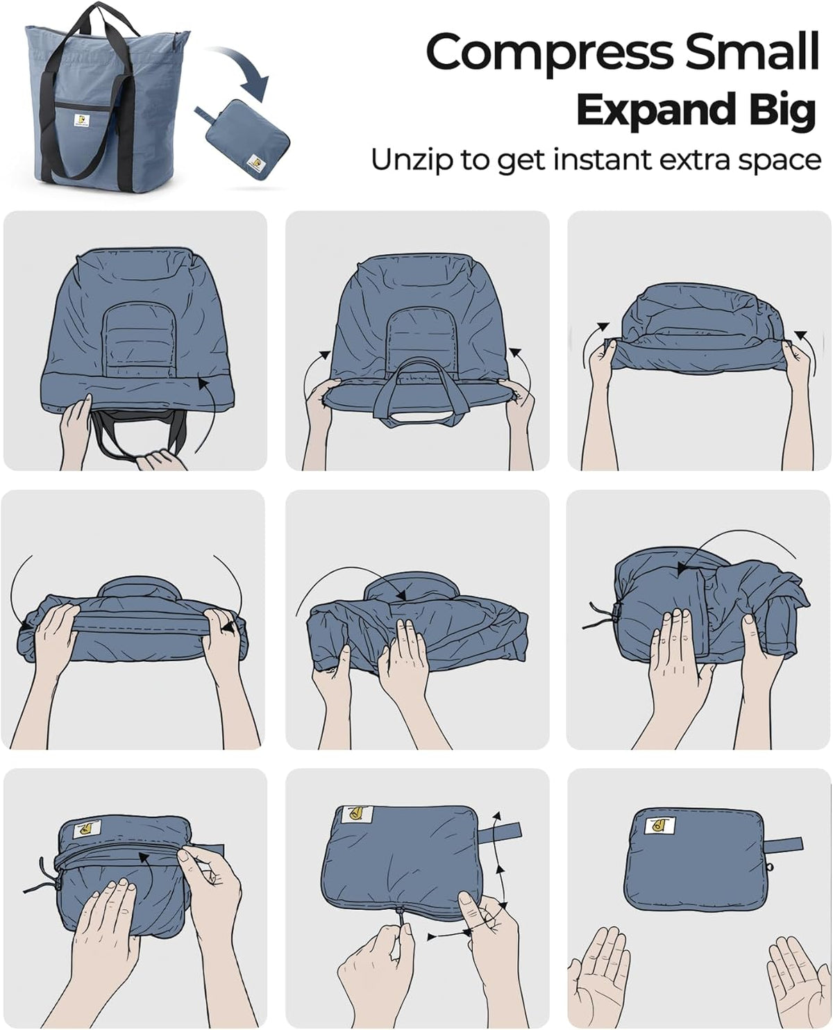 Foldable Travel Bag, 26L Duffle Bag for Travel, Expandable Second Carry-On Bag for Travel & Shopping, Water-Resistant Personal Item Bag, Black