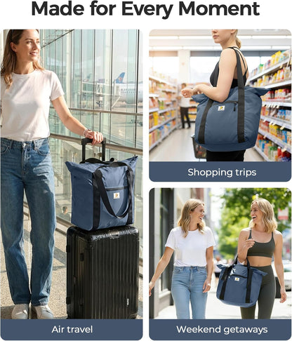 Foldable Travel Bag, 26L Duffle Bag for Travel, Expandable Second Carry-On Bag for Travel & Shopping, Water-Resistant Personal Item Bag, Black