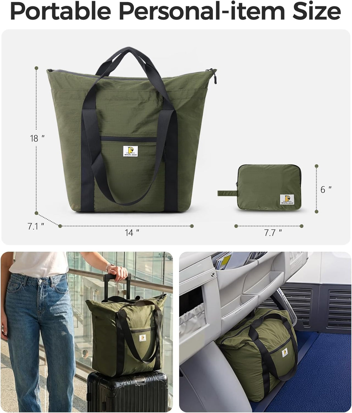 Foldable Travel Bag, 26L Duffle Bag for Travel, Expandable Second Carry-On Bag for Travel & Shopping, Water-Resistant Personal Item Bag, Black