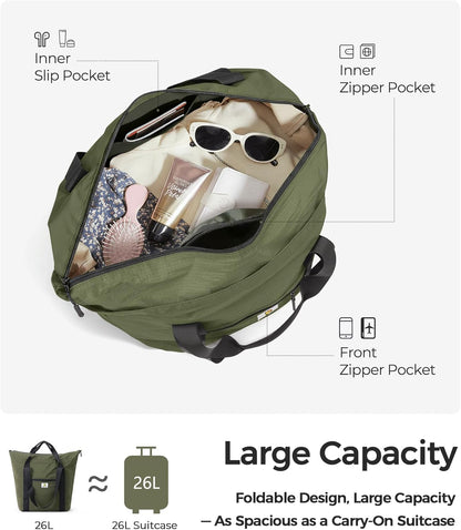 Foldable Travel Bag, 26L Duffle Bag for Travel, Expandable Second Carry-On Bag for Travel & Shopping, Water-Resistant Personal Item Bag, Black