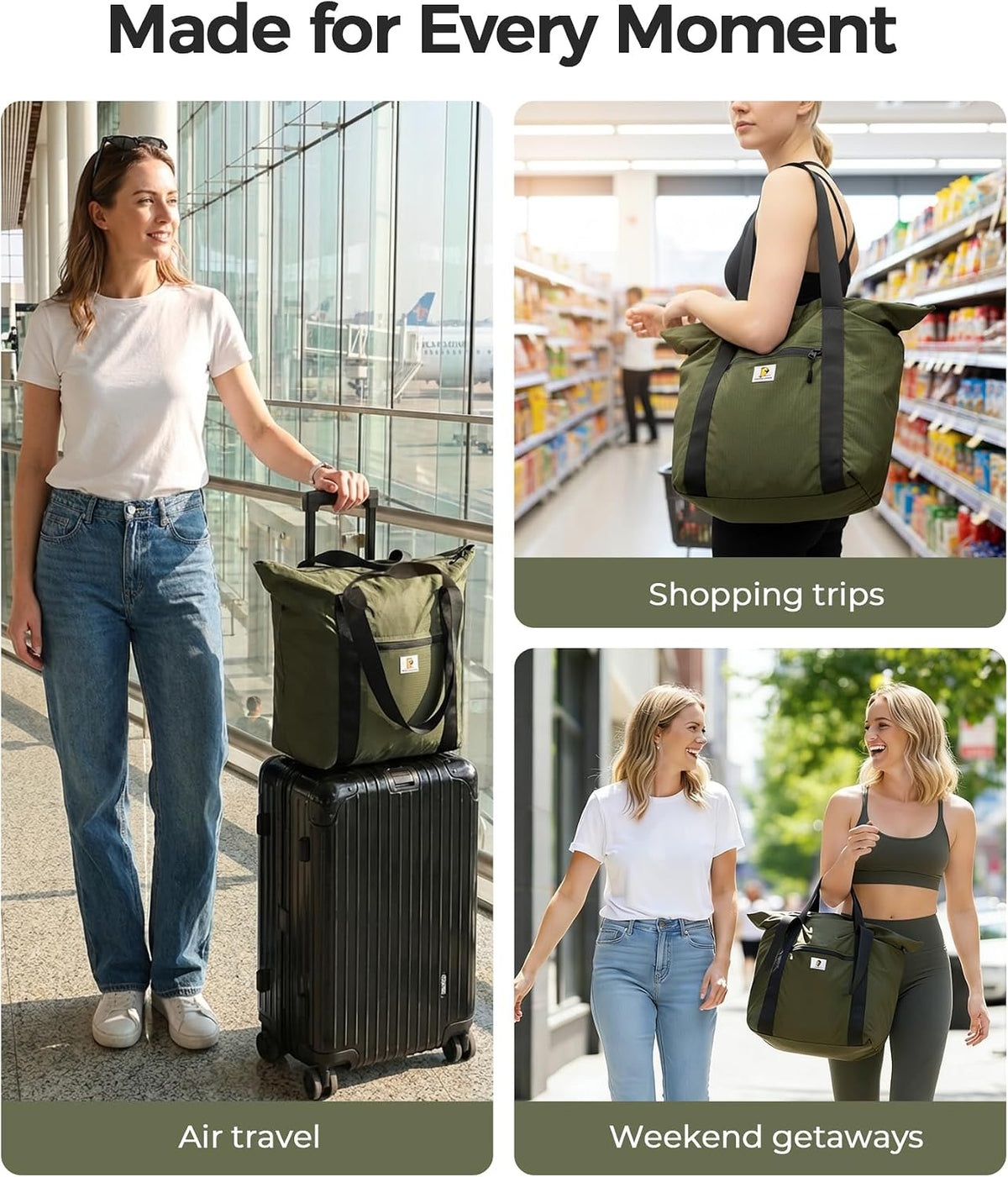 Foldable Travel Bag, 26L Duffle Bag for Travel, Expandable Second Carry-On Bag for Travel & Shopping, Water-Resistant Personal Item Bag, Black
