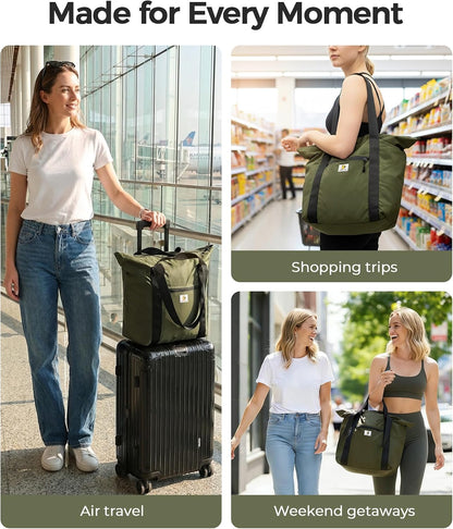 Foldable Travel Bag, 26L Duffle Bag for Travel, Expandable Second Carry-On Bag for Travel & Shopping, Water-Resistant Personal Item Bag, Black
