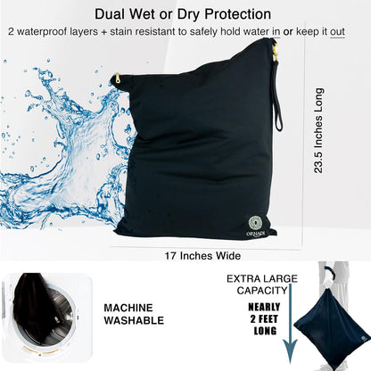 X Large Waterproof Antimicrobial Travel Wet Dry Laundry Bag Inhibits Bacteria & Odor from Swimsuits & Towels, Sweaty Gym Shoes, Dirty Clothes Protects Luggage Made in USA 17 x 23.5”