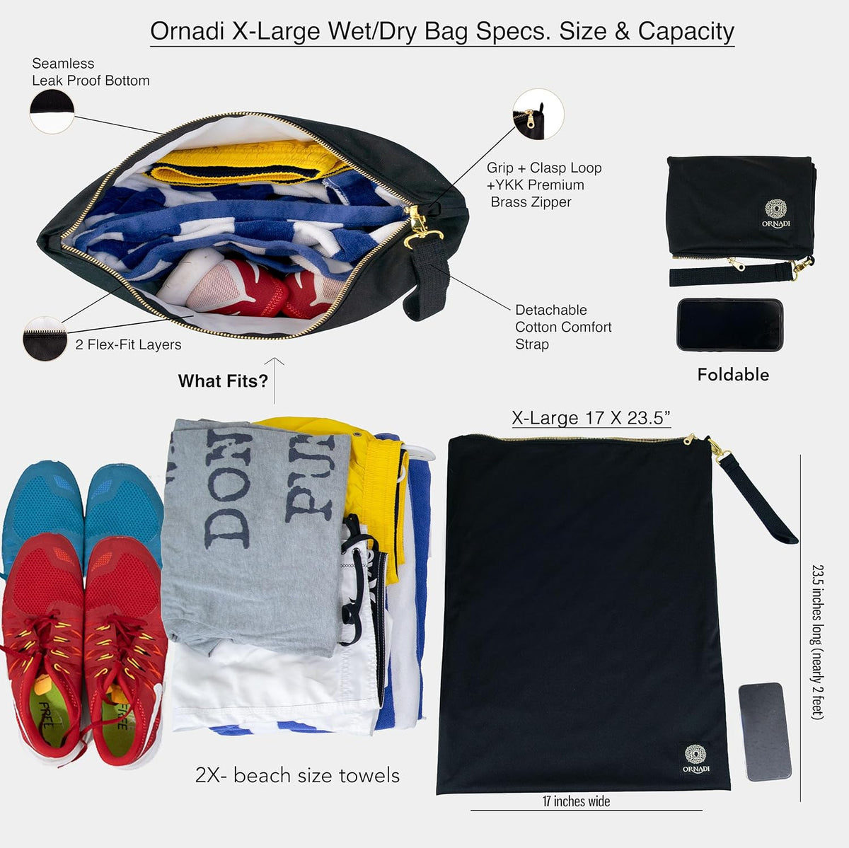 X Large Waterproof Antimicrobial Travel Wet Dry Laundry Bag Inhibits Bacteria & Odor from Swimsuits & Towels, Sweaty Gym Shoes, Dirty Clothes Protects Luggage Made in USA 17 x 23.5”