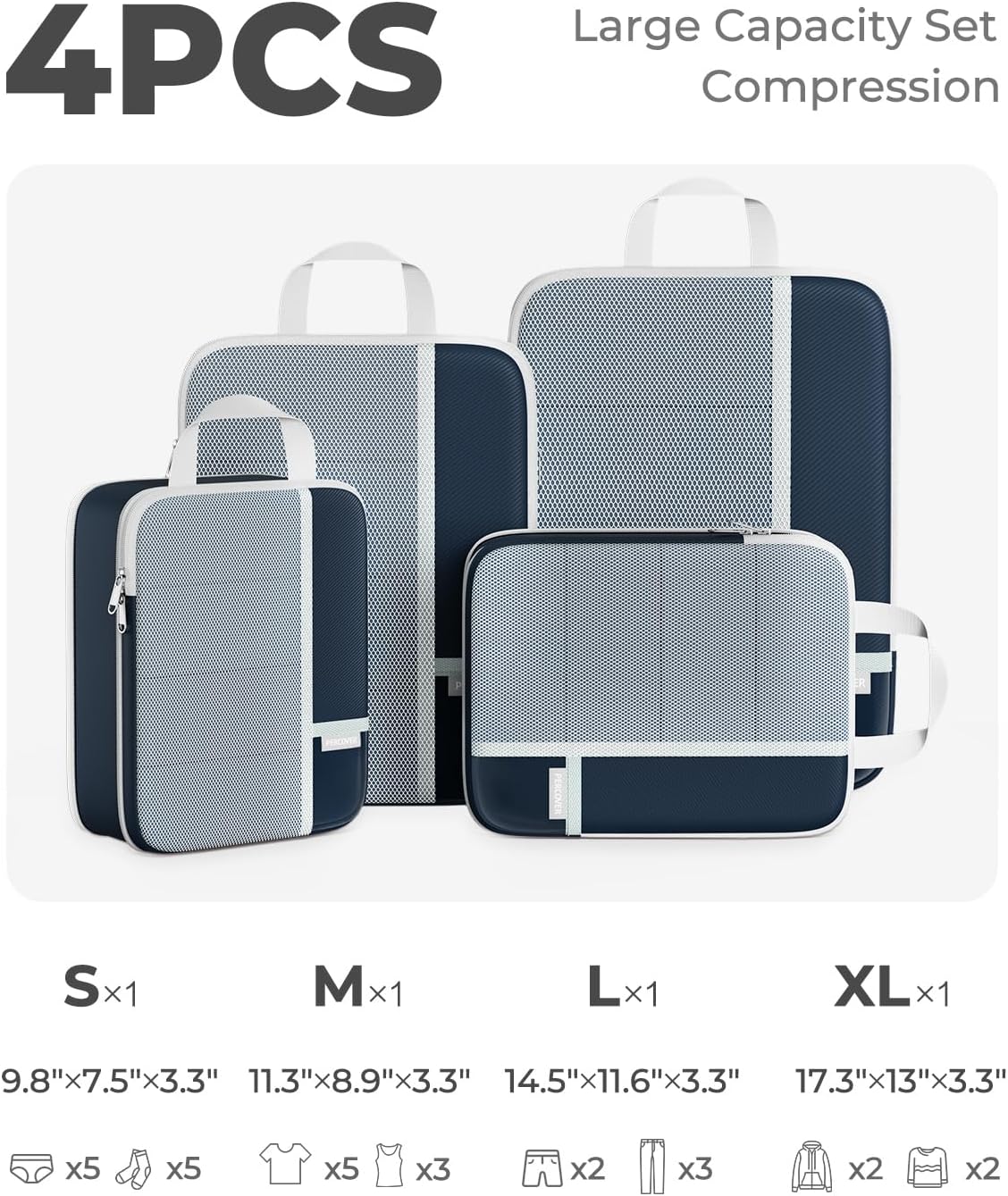 Percover Compression Packing Cubes for Travel, 4-Piece Structured Compression Organizer Set with Label Pockets for Carry-On & Checked Luggage, Navy Blue