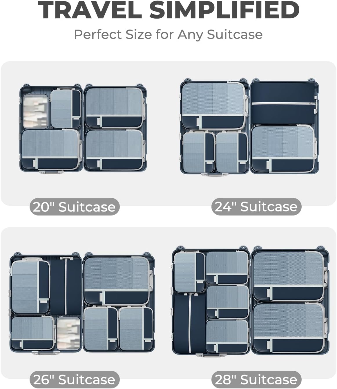 Percover Compression Packing Cubes for Travel, 4-Piece Structured Compression Organizer Set with Label Pockets for Carry-On & Checked Luggage, Navy Blue