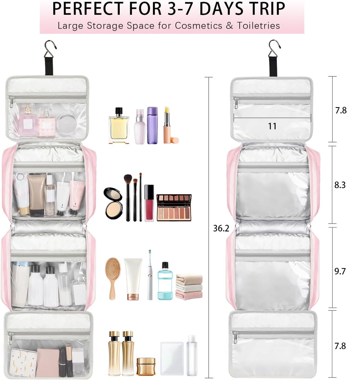 Hanging Travel Toiletry Bag,Large Capacity Cosmetic Travel Toiletry Organizer for Women with 4 Compartments & 1 Sturdy Hook,Perfect for Travel/Daily Use/Christmas