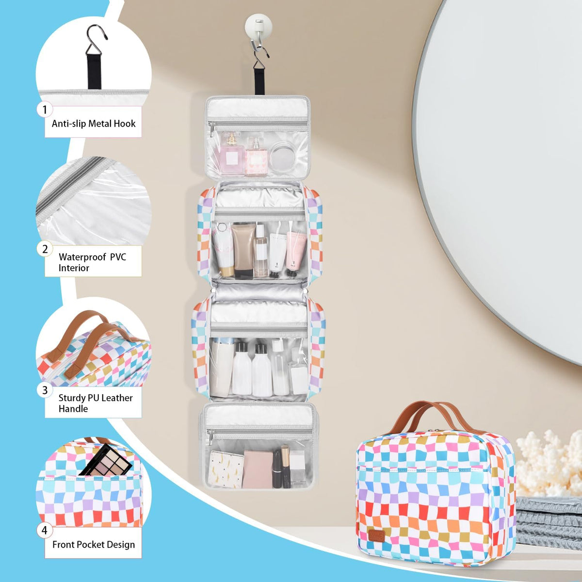 Hanging Travel Toiletry Bag,Large Capacity Cosmetic Travel Toiletry Organizer for Women with 4 Compartments & 1 Sturdy Hook,Perfect for Travel/Daily Use/Christmas