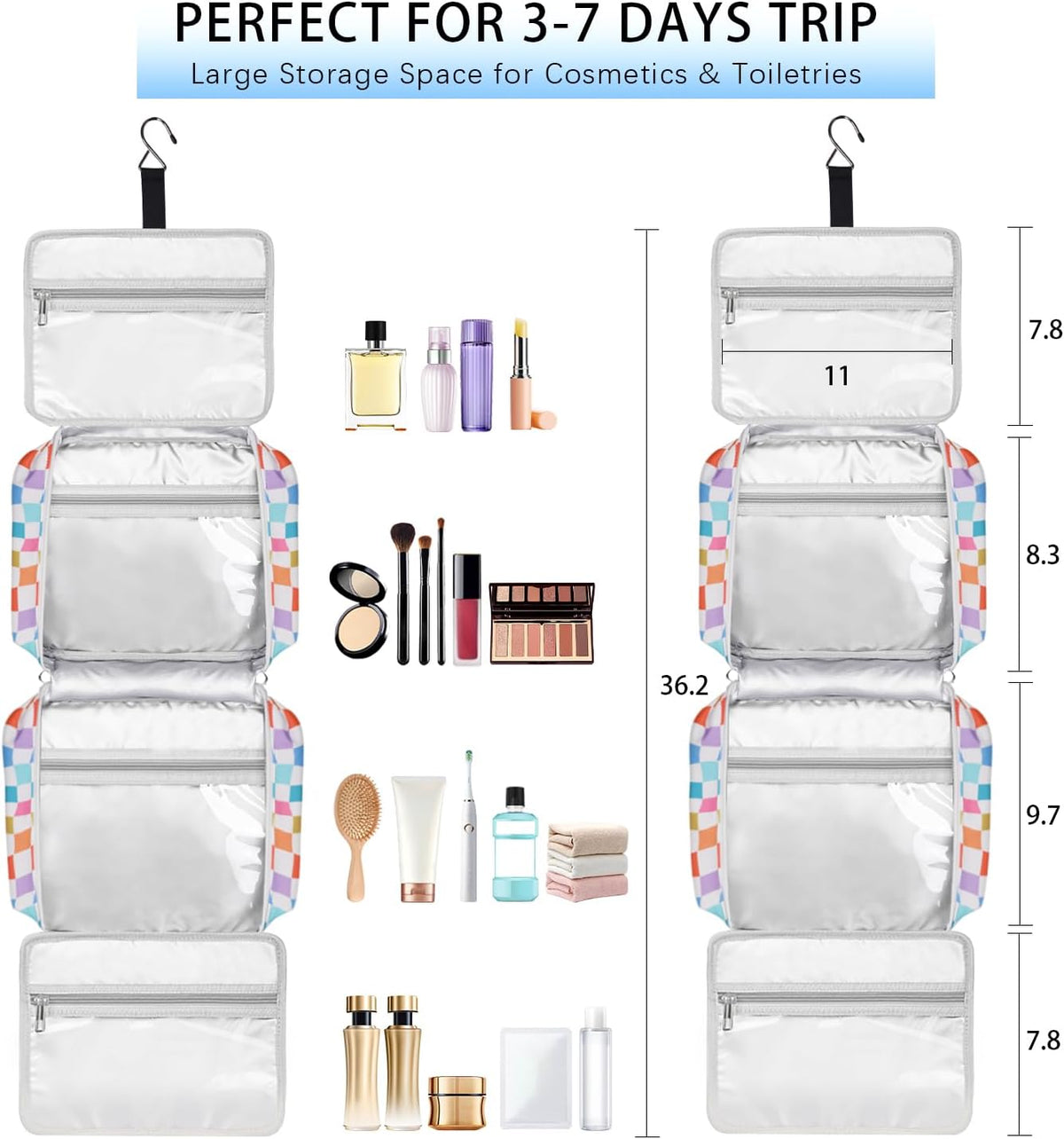Hanging Travel Toiletry Bag,Large Capacity Cosmetic Travel Toiletry Organizer for Women with 4 Compartments & 1 Sturdy Hook,Perfect for Travel/Daily Use/Christmas
