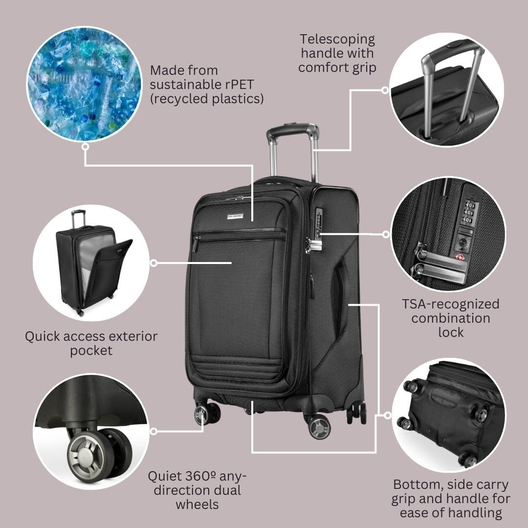 Avalon Softside Carry-On Luggage Made with Sustainable 100% Recycled PET (rPET), Lightweight, Eco-Friendly Travel, Expandable, Dual Spinner Wheels, Serengeti Night, 20-inch