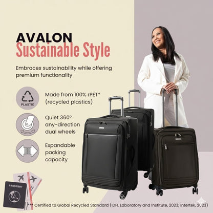 Avalon Softside Carry-On Luggage Made with Sustainable 100% Recycled PET (rPET), Lightweight, Eco-Friendly Travel, Expandable, Dual Spinner Wheels, Serengeti Night, 20-inch