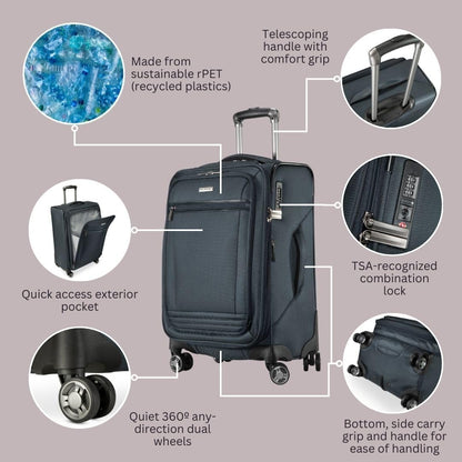Avalon Softside Carry-On Luggage Made with Sustainable 100% Recycled PET (rPET), Lightweight, Eco-Friendly Travel, Expandable, Dual Spinner Wheels, Serengeti Night, 20-inch