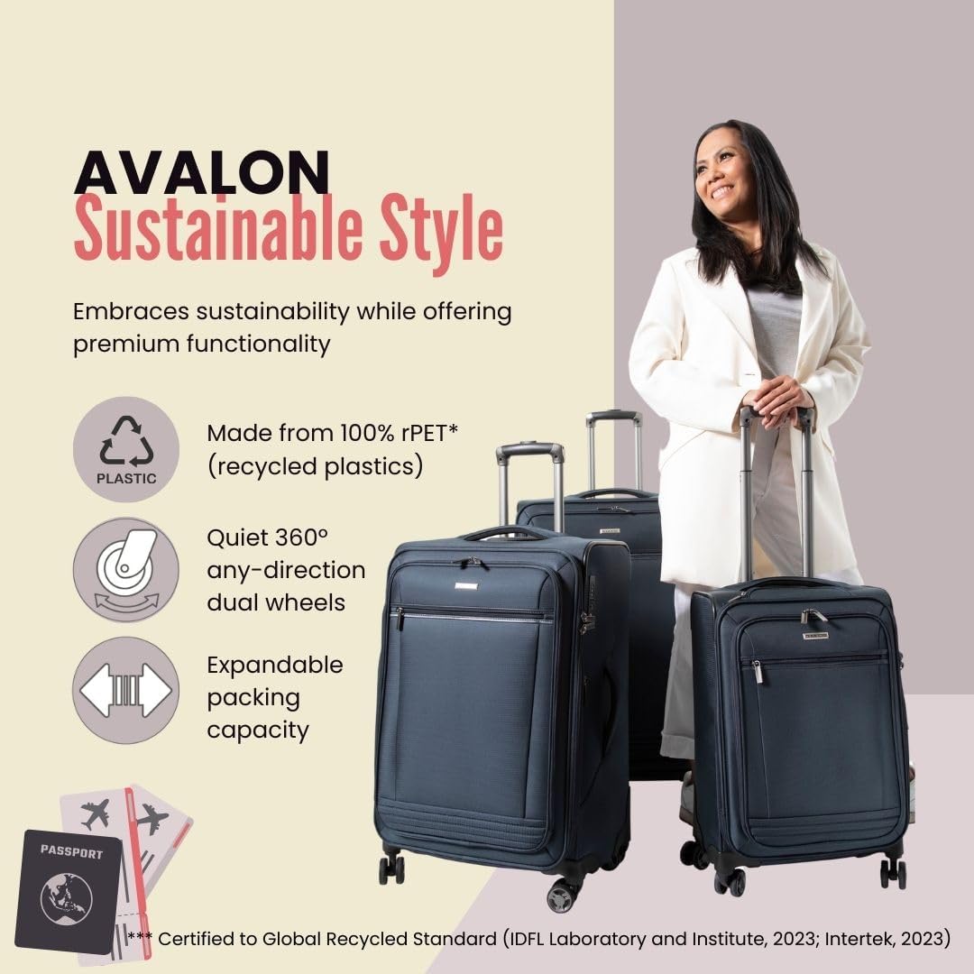 Avalon Softside Carry-On Luggage Made with Sustainable 100% Recycled PET (rPET), Lightweight, Eco-Friendly Travel, Expandable, Dual Spinner Wheels, Serengeti Night, 20-inch
