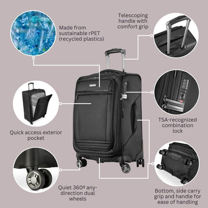 Avalon Softside Carry-On Luggage Made with Sustainable 100% Recycled PET (rPET), Lightweight, Eco-Friendly Travel, Expandable, Dual Spinner Wheels, Serengeti Night, 20-inch