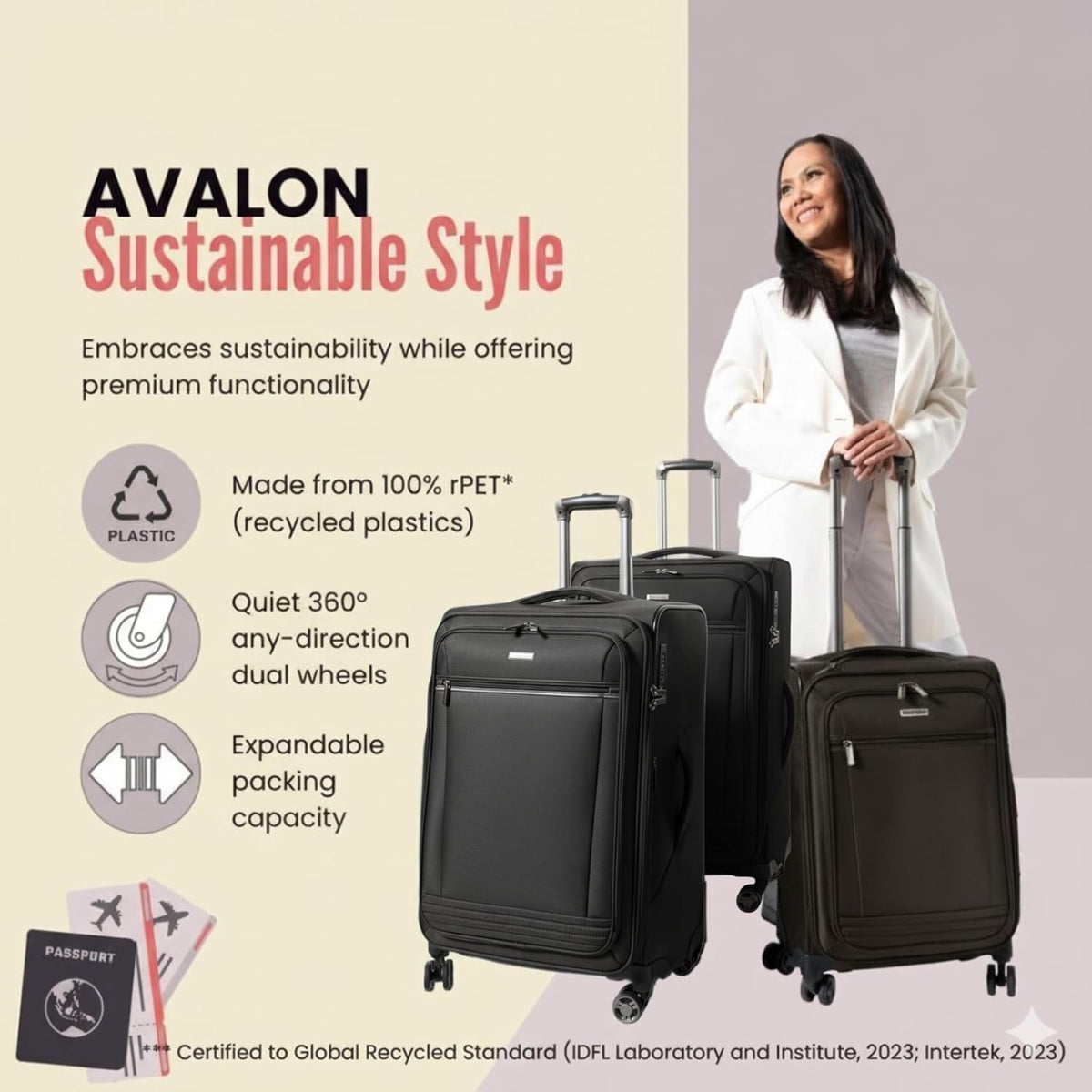 Avalon Softside Carry-On Luggage Made with Sustainable 100% Recycled PET (rPET), Lightweight, Eco-Friendly Travel, Expandable, Dual Spinner Wheels, Serengeti Night, 20-inch
