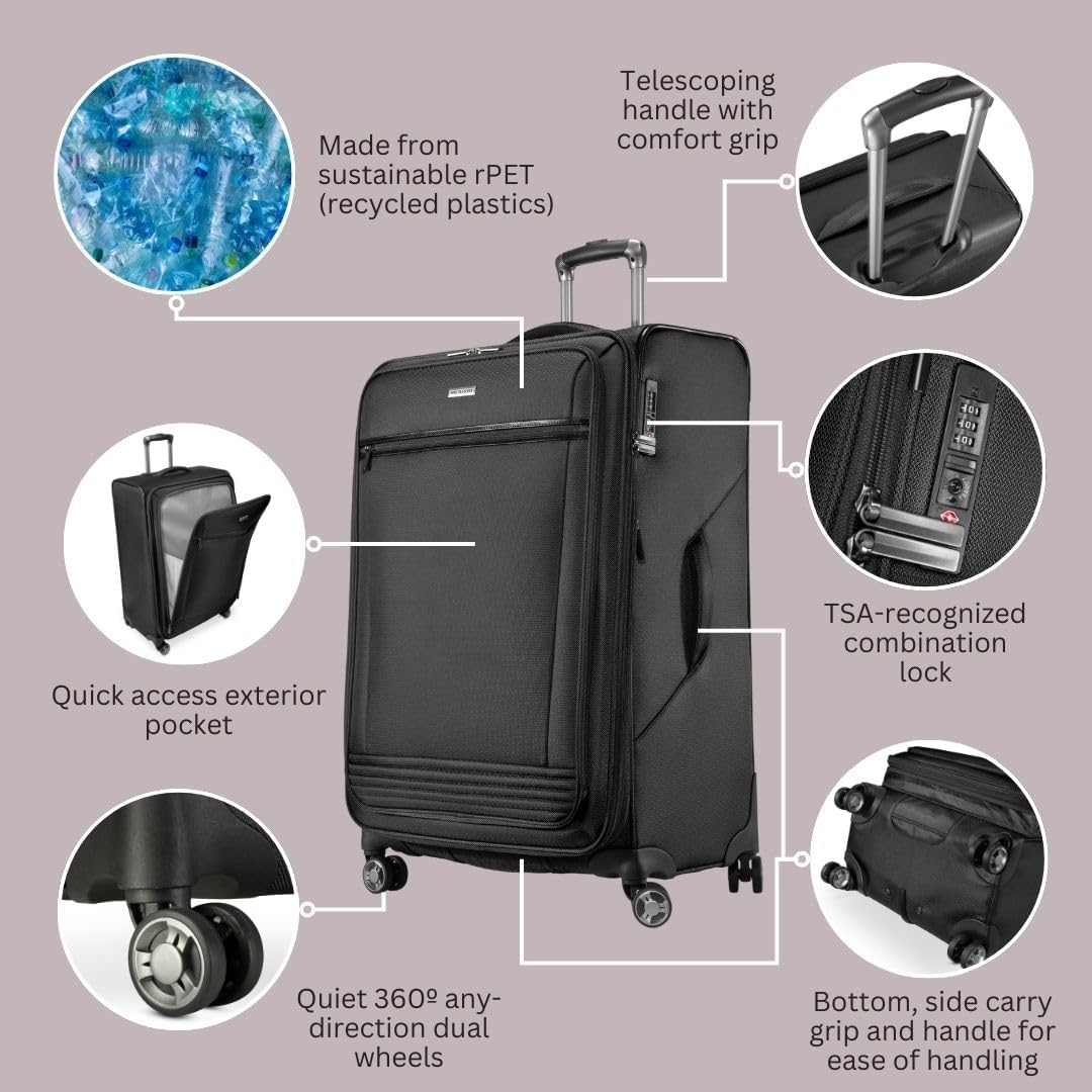 Avalon Softside Carry-On Luggage Made with Sustainable 100% Recycled PET (rPET), Lightweight, Eco-Friendly Travel, Expandable, Dual Spinner Wheels, Serengeti Night, 20-inch