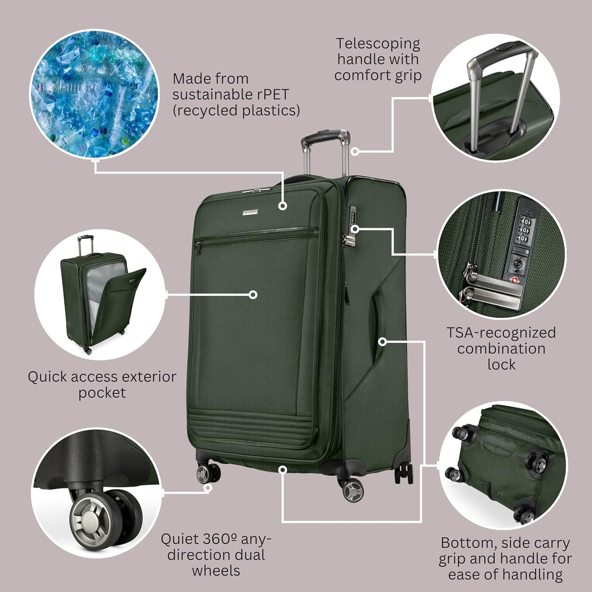 Avalon Softside Carry-On Luggage Made with Sustainable 100% Recycled PET (rPET), Lightweight, Eco-Friendly Travel, Expandable, Dual Spinner Wheels, Serengeti Night, 20-inch