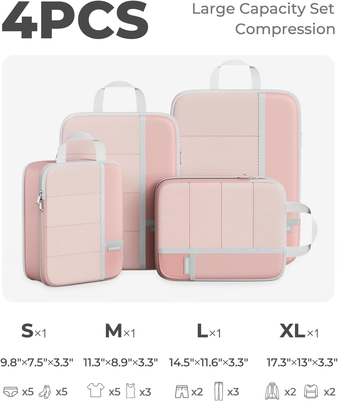 Percover Compression Packing Cubes for Travel, 6-Piece Structured Compression Organizer Set for Organized Packing & Carry-On Luggage, Pink