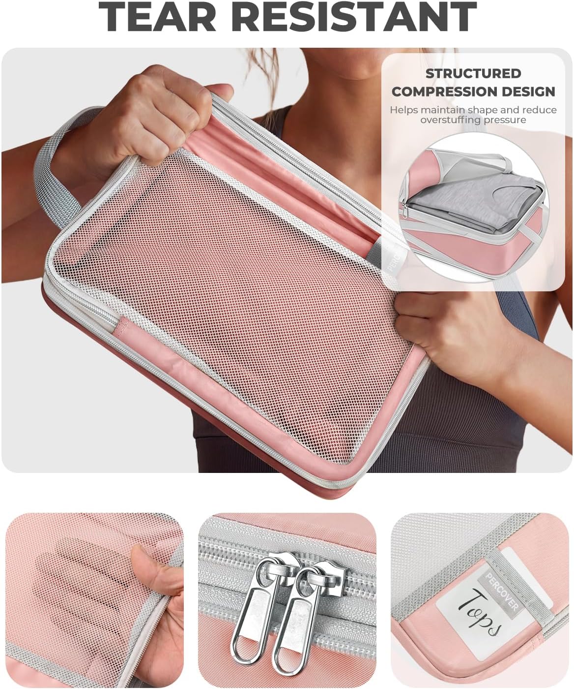 Percover Compression Packing Cubes for Travel, 6-Piece Structured Compression Organizer Set for Organized Packing & Carry-On Luggage, Pink
