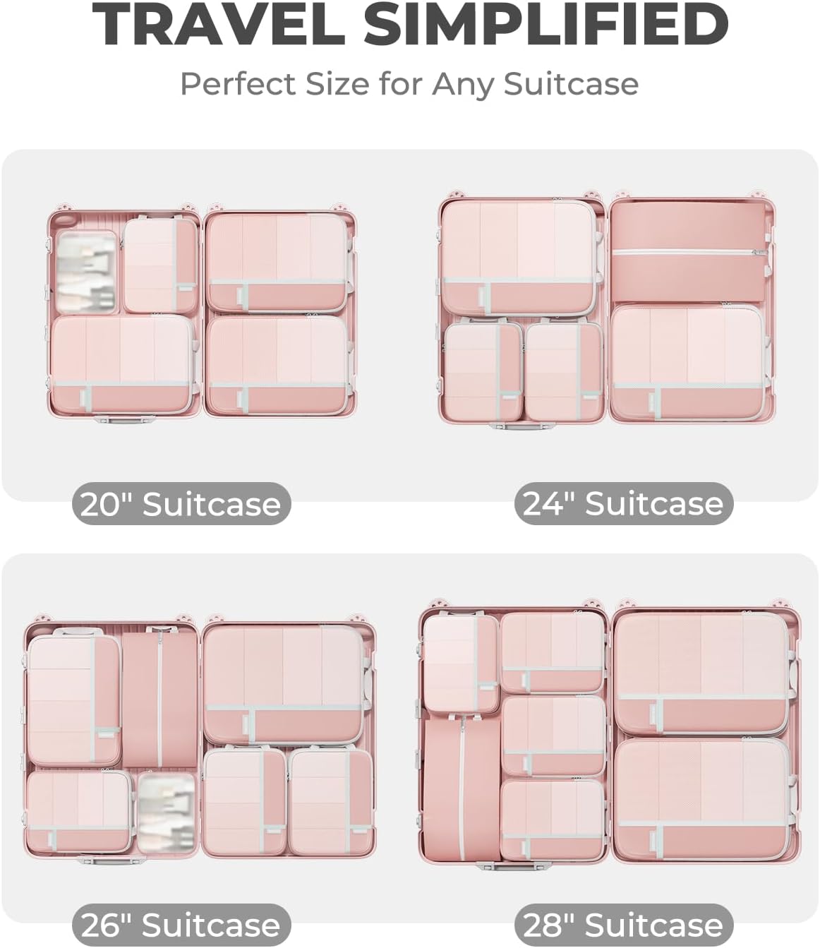 Percover Compression Packing Cubes for Travel, 6-Piece Structured Compression Organizer Set for Organized Packing & Carry-On Luggage, Pink