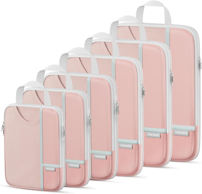 Percover Compression Packing Cubes for Travel, 6-Piece Structured Compression Organizer Set for Organized Packing & Carry-On Luggage, Pink