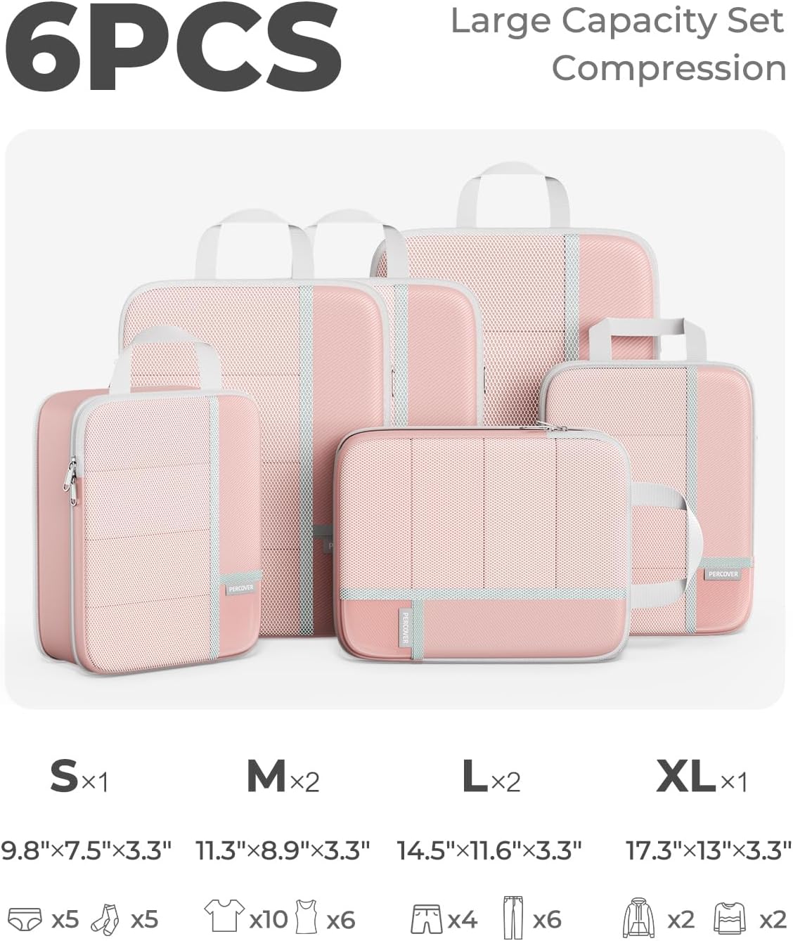 Percover Compression Packing Cubes for Travel, 6-Piece Structured Compression Organizer Set for Organized Packing & Carry-On Luggage, Pink