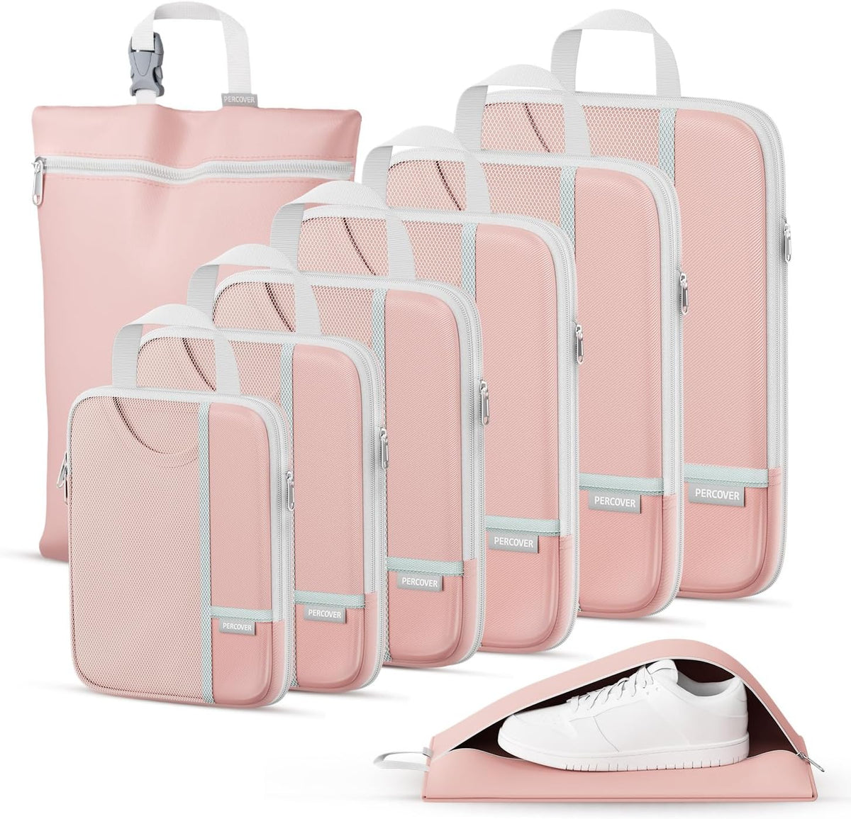 Percover Compression Packing Cubes for Travel, 6-Piece Structured Compression Organizer Set for Organized Packing & Carry-On Luggage, Pink