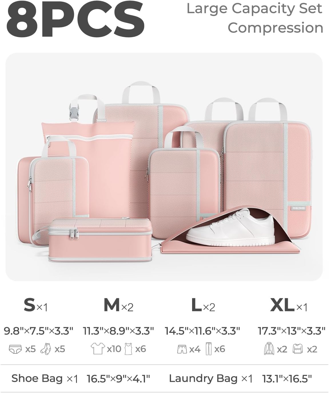 Percover Compression Packing Cubes for Travel, 6-Piece Structured Compression Organizer Set for Organized Packing & Carry-On Luggage, Pink