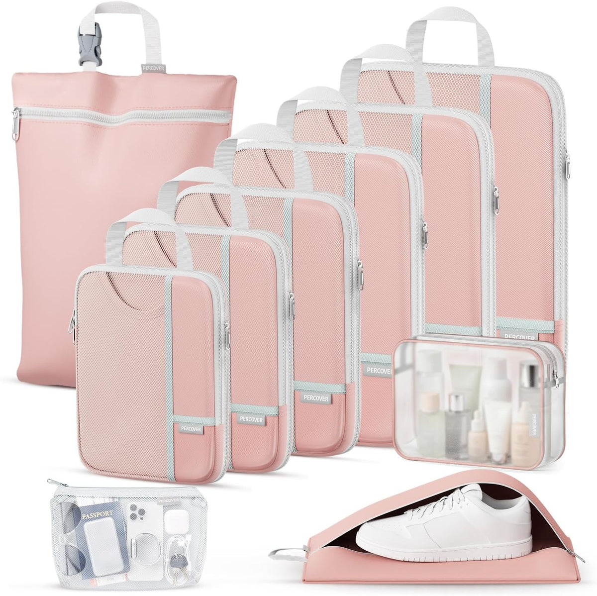 Percover Compression Packing Cubes for Travel, 6-Piece Structured Compression Organizer Set for Organized Packing & Carry-On Luggage, Pink