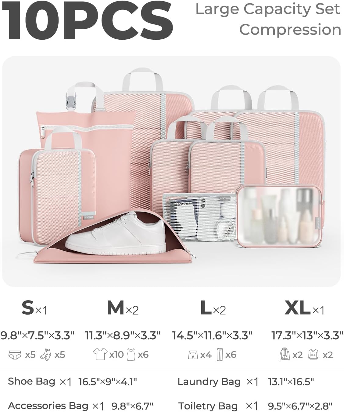 Percover Compression Packing Cubes for Travel, 6-Piece Structured Compression Organizer Set for Organized Packing & Carry-On Luggage, Pink