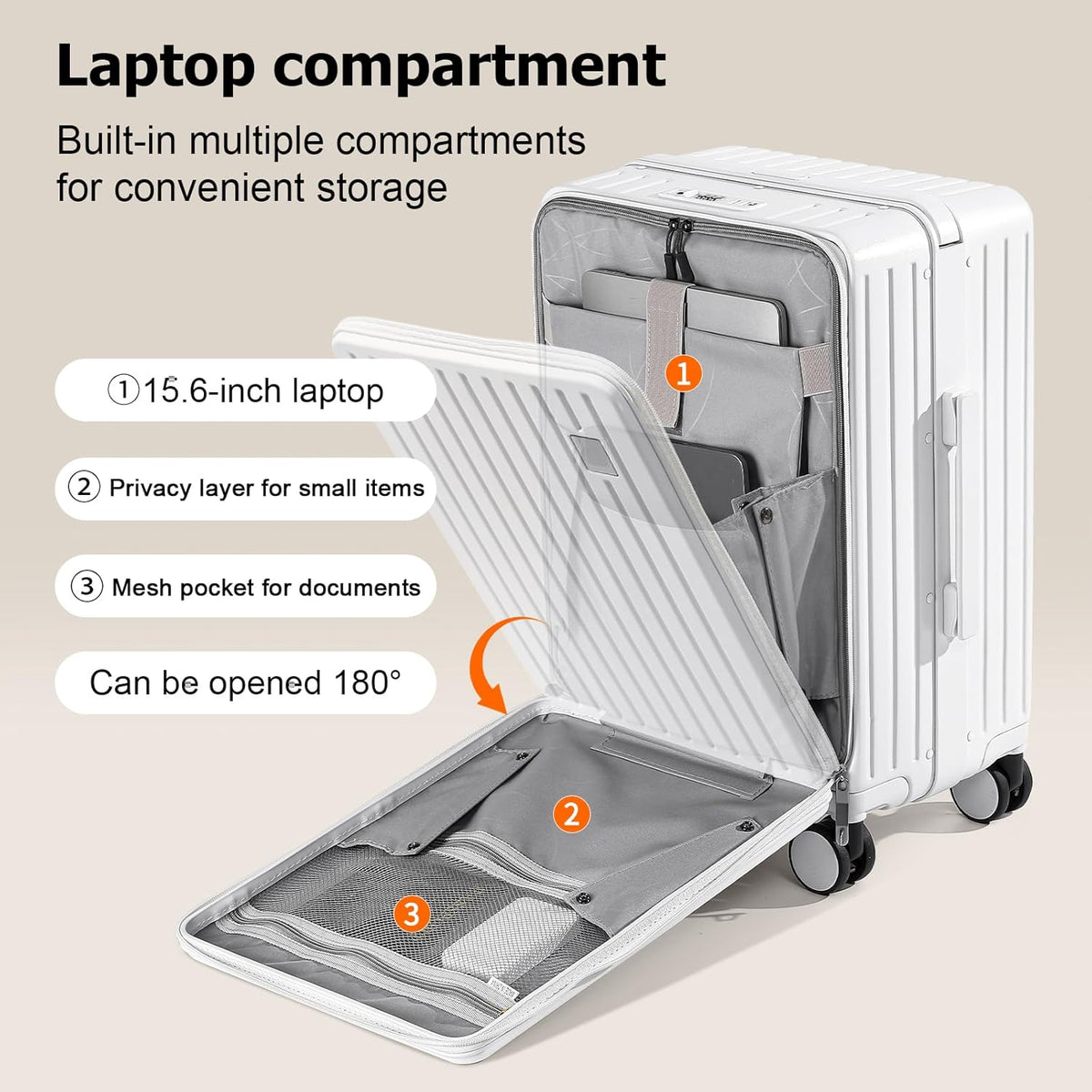 Hardshell Carry on Luggage with Front Pocket, Lightweight Hardside 20 Inch Suitcase with Spinner Wheels and TSA Lock (White, Carry on Luggage-20 Inch)