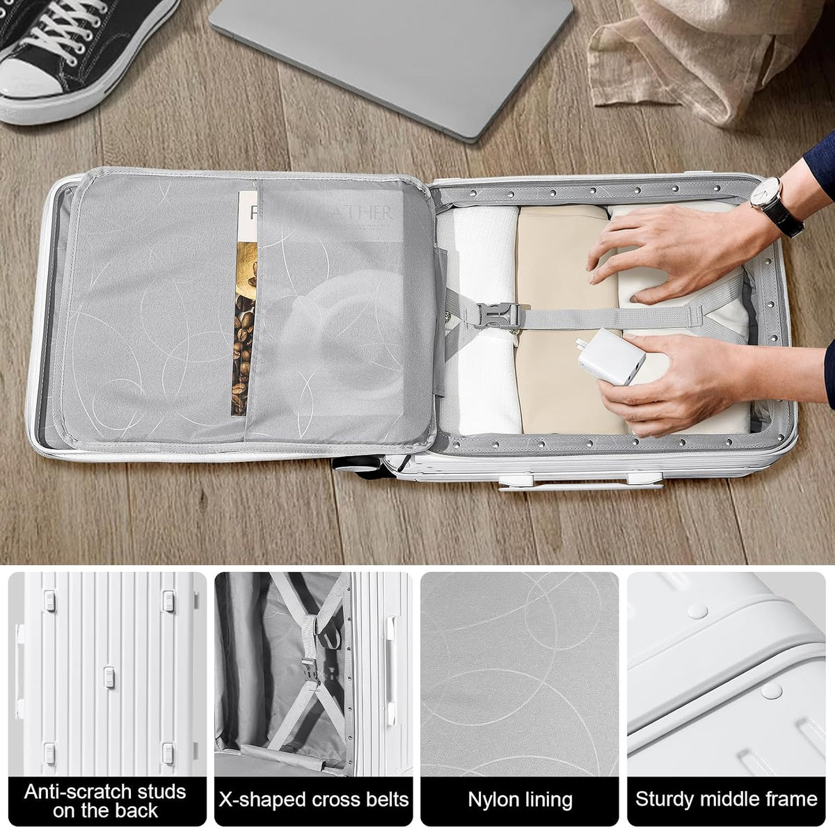 Hardshell Carry on Luggage with Front Pocket, Lightweight Hardside 20 Inch Suitcase with Spinner Wheels and TSA Lock (White, Carry on Luggage-20 Inch)