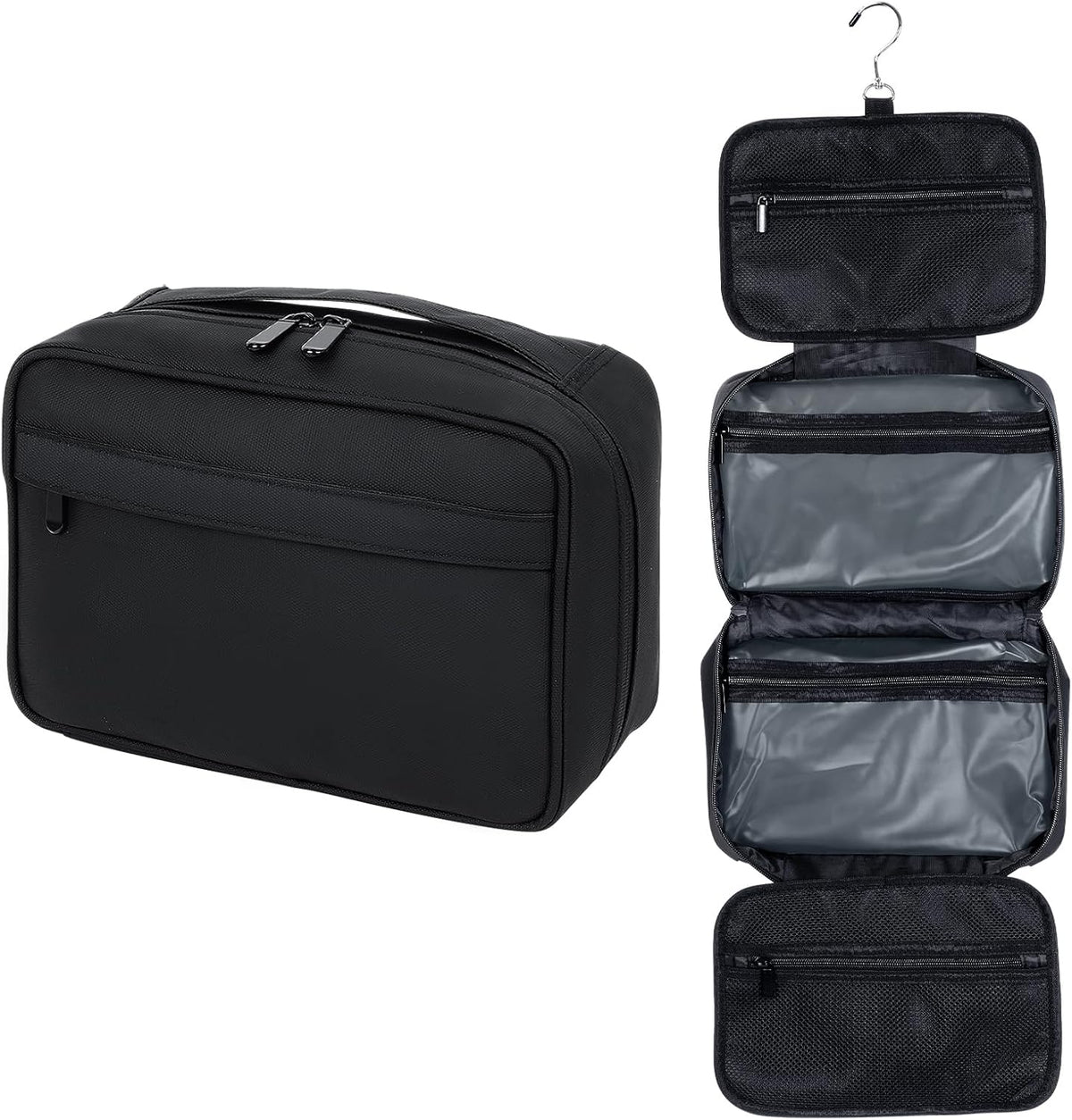 Toiletry Bag Women Men,Foldable Cosmetic Organizer Travel Bag Hanging Toiletry Bag Hygiene Bag with 4 Compartments Water Resistant Makeup Bag Toiletries，Black