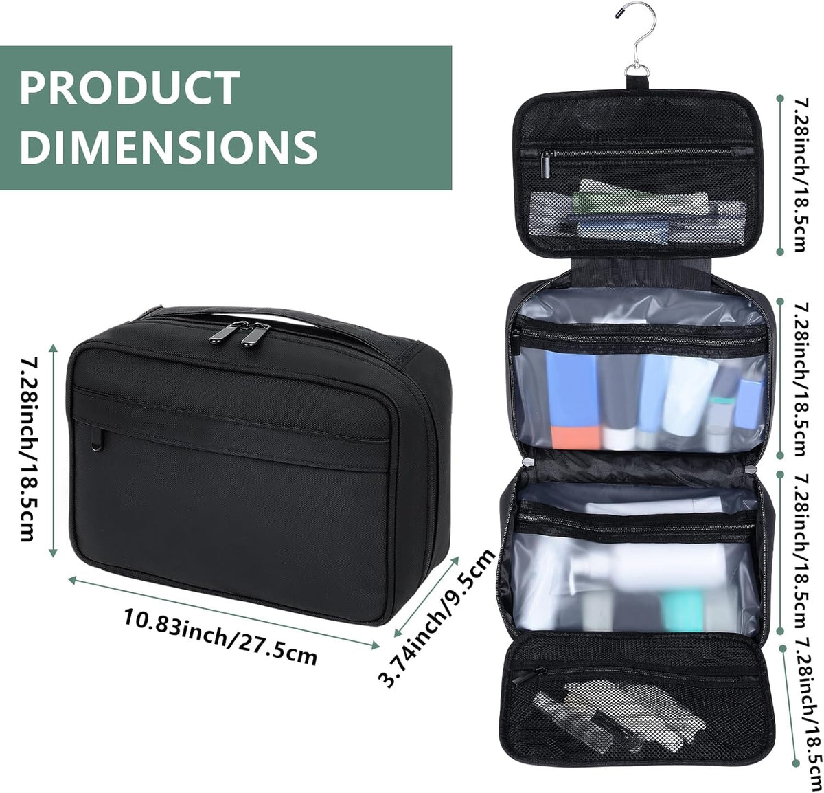 Toiletry Bag Women Men,Foldable Cosmetic Organizer Travel Bag Hanging Toiletry Bag Hygiene Bag with 4 Compartments Water Resistant Makeup Bag Toiletries，Black