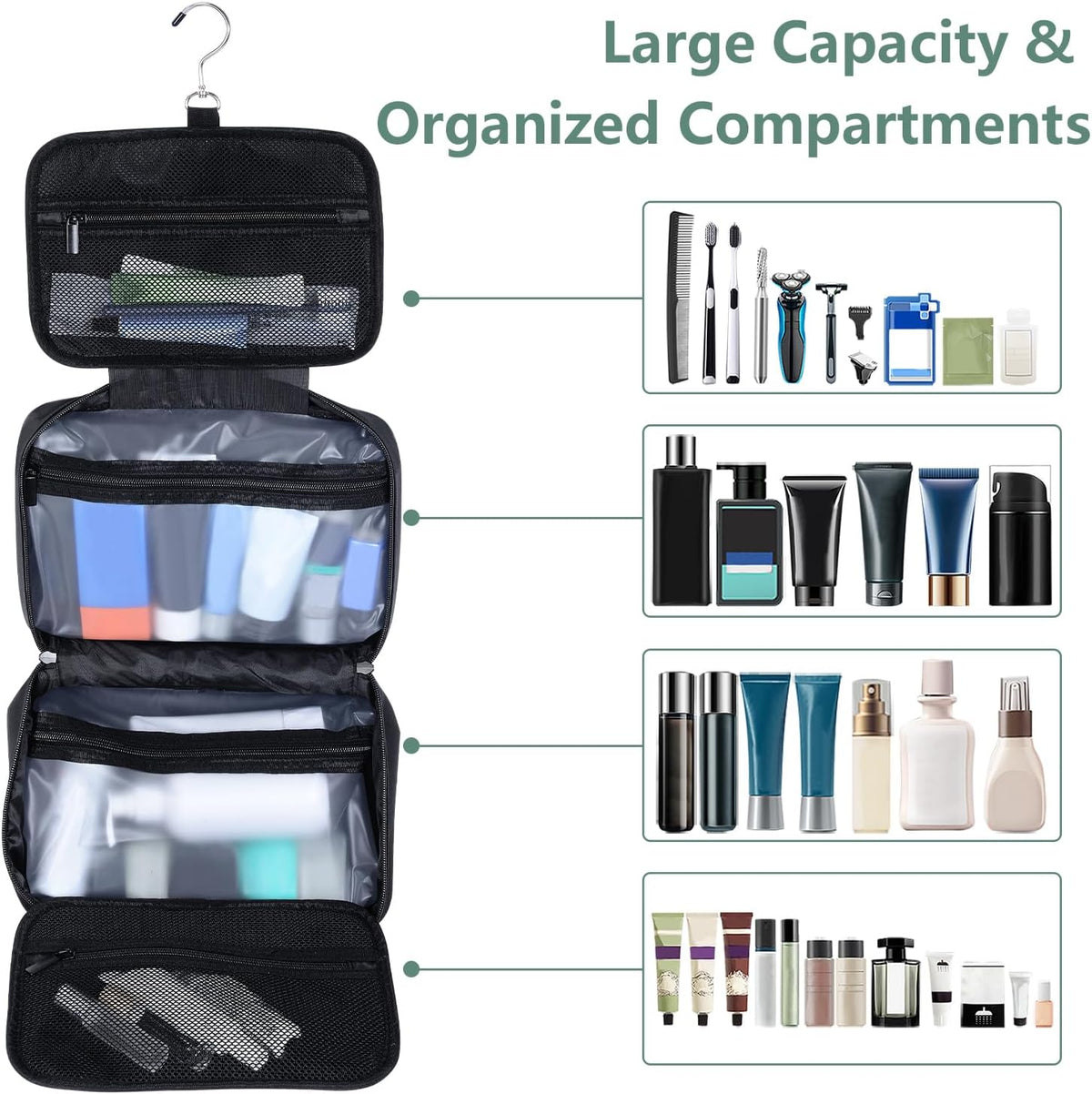 Toiletry Bag Women Men,Foldable Cosmetic Organizer Travel Bag Hanging Toiletry Bag Hygiene Bag with 4 Compartments Water Resistant Makeup Bag Toiletries，Black