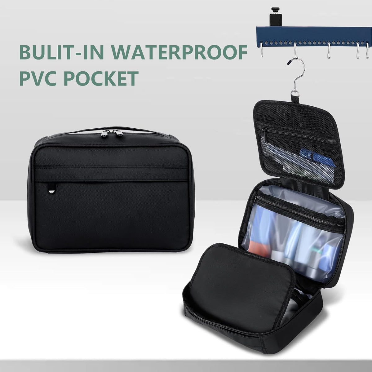 Toiletry Bag Women Men,Foldable Cosmetic Organizer Travel Bag Hanging Toiletry Bag Hygiene Bag with 4 Compartments Water Resistant Makeup Bag Toiletries，Black