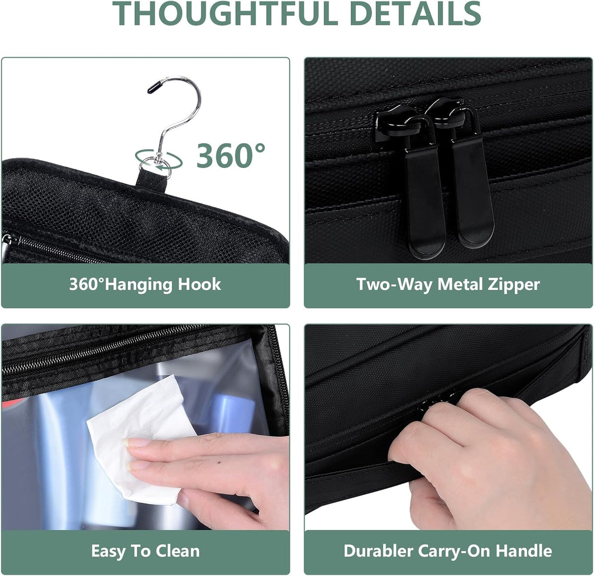 Toiletry Bag Women Men,Foldable Cosmetic Organizer Travel Bag Hanging Toiletry Bag Hygiene Bag with 4 Compartments Water Resistant Makeup Bag Toiletries，Black