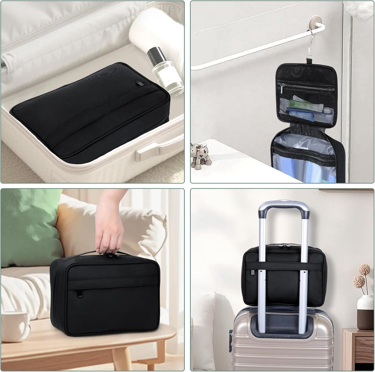 Toiletry Bag Women Men,Foldable Cosmetic Organizer Travel Bag Hanging Toiletry Bag Hygiene Bag with 4 Compartments Water Resistant Makeup Bag Toiletries，Black