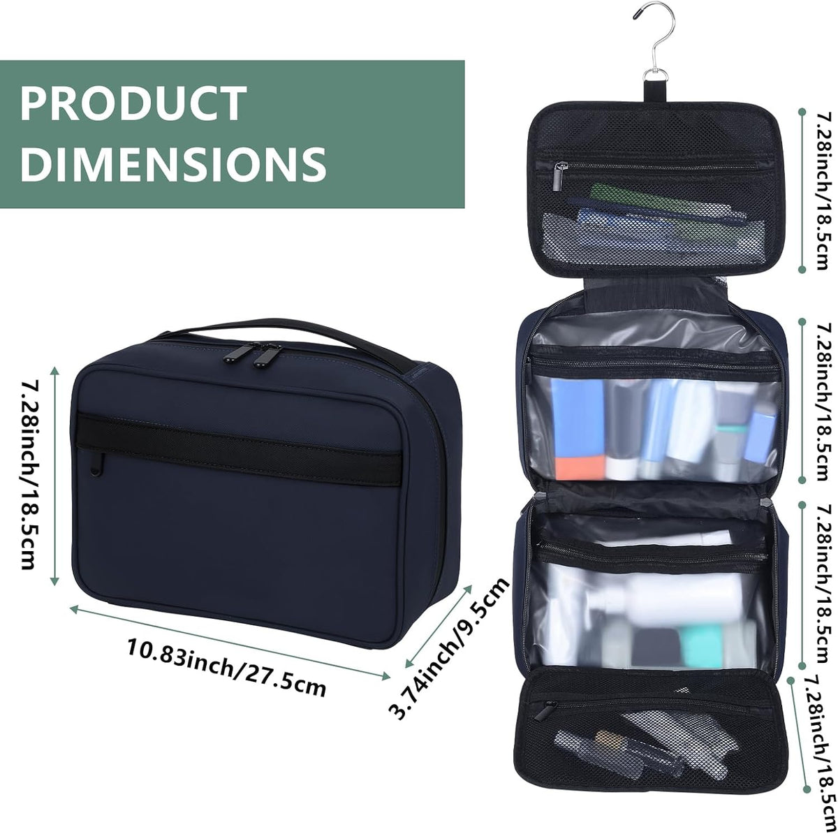 Toiletry Bag Women Men,Foldable Cosmetic Organizer Travel Bag Hanging Toiletry Bag Hygiene Bag with 4 Compartments Water Resistant Makeup Bag Toiletries，Black