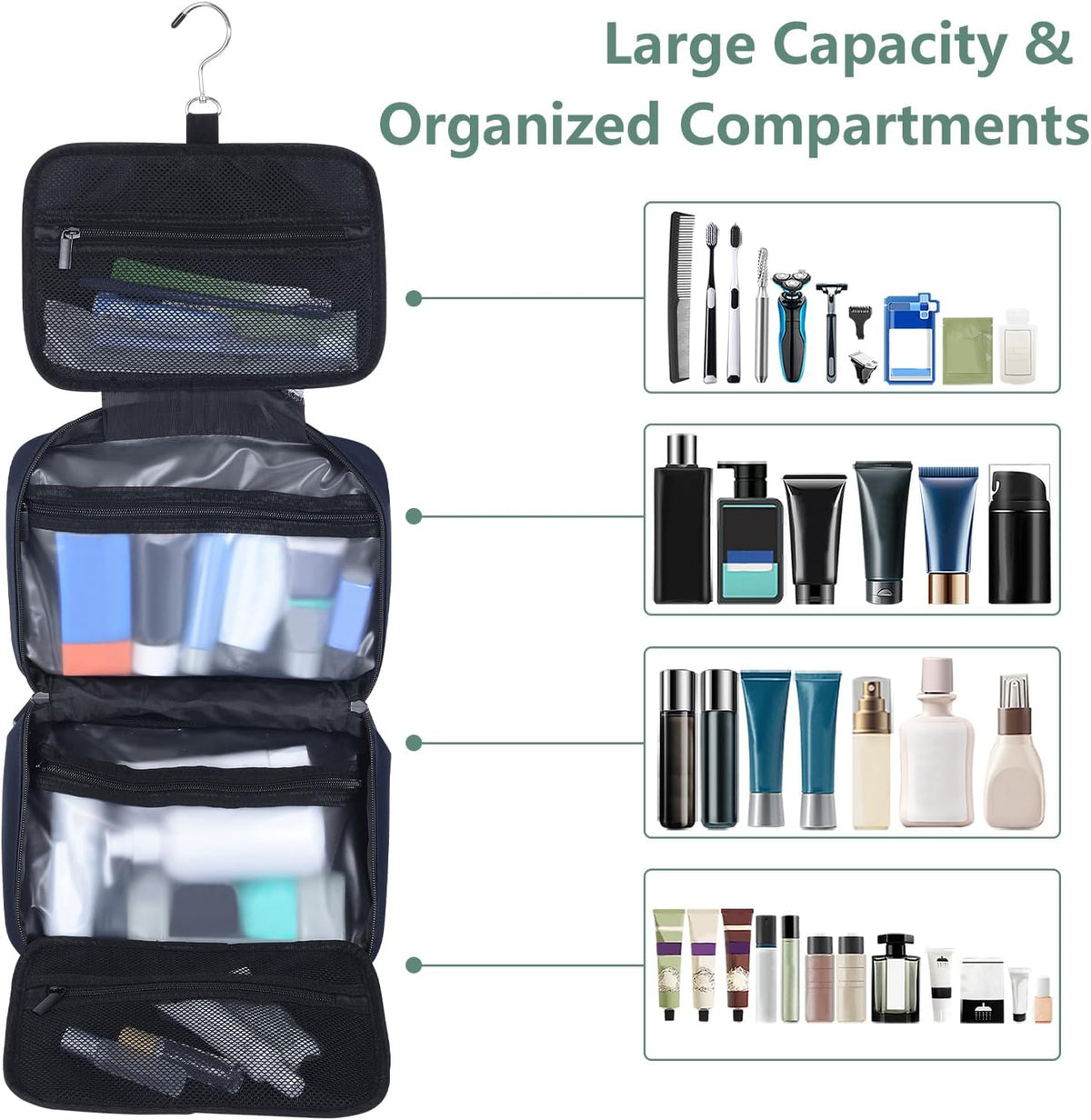 Toiletry Bag Women Men,Foldable Cosmetic Organizer Travel Bag Hanging Toiletry Bag Hygiene Bag with 4 Compartments Water Resistant Makeup Bag Toiletries，Black